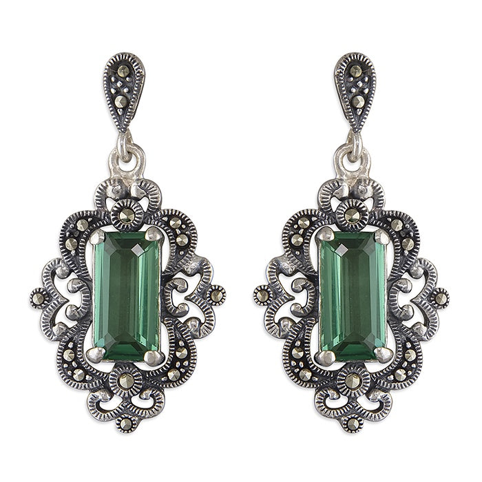 Marcasite and green quartz Art Nouveau style drop Earrings