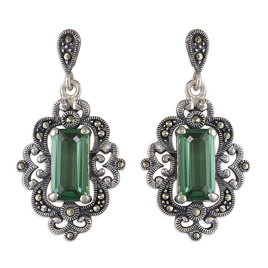 Marcasite and green quartz Art Nouveau style drop Earrings