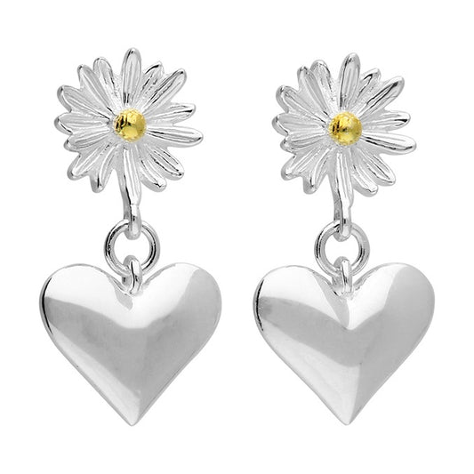Two-tone yellow gold-plated daisy stud, with silver heart drop