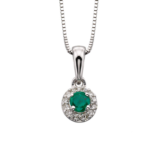 Dainty Emerald and Diamond Halo Necklace 9ct White Gold