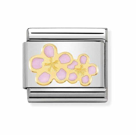 Composable Classic NATURA in stainless steel with enamel and bonded yellow gold (16_Peach flowes)