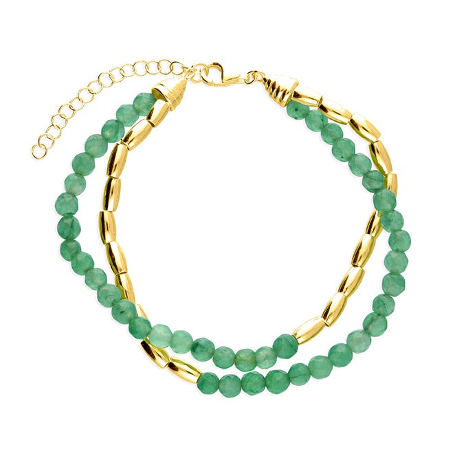 Yellow gold-plated, double row seed chain Green Quartz Bracelet