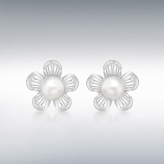 STERLING SILVER FLOWER AND FRESHWATER PEARL STUD EARRINGS
