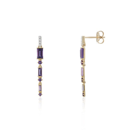 9ct Yellow Gold Diamond & Amethyst Drop Earrings