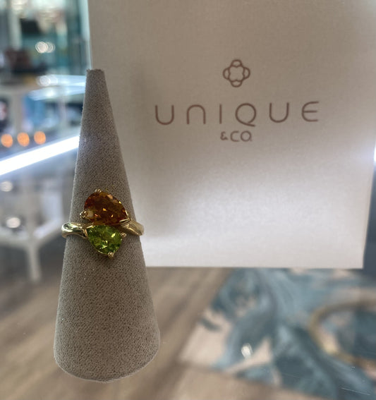 Unique Citrine and Peridot ring 18k gold plated