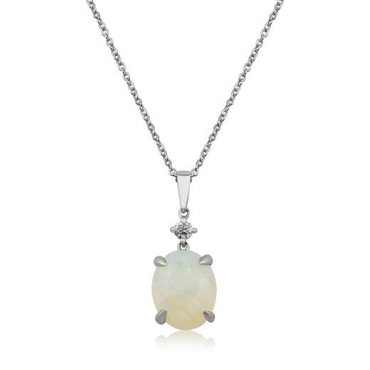 9ct White Gold Diamond & Opal Pendant Necklace
