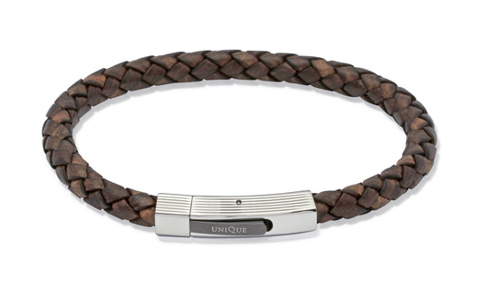 Unique & Co Dark Brown leather bracelet with black IP plating