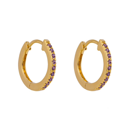 Gold Plated Amethyst CZ Thin Hoop Earrings