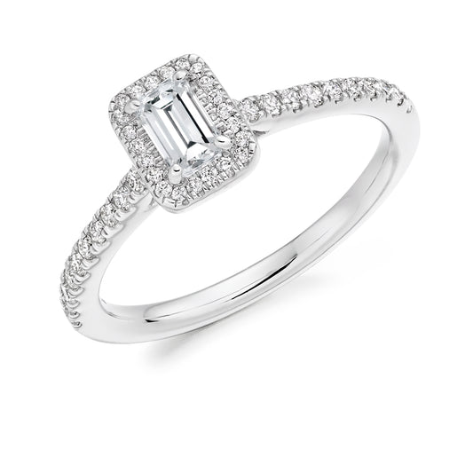 Platinum Emerald Cut Diamond Halo Ring with Diamond Set Shoulders
