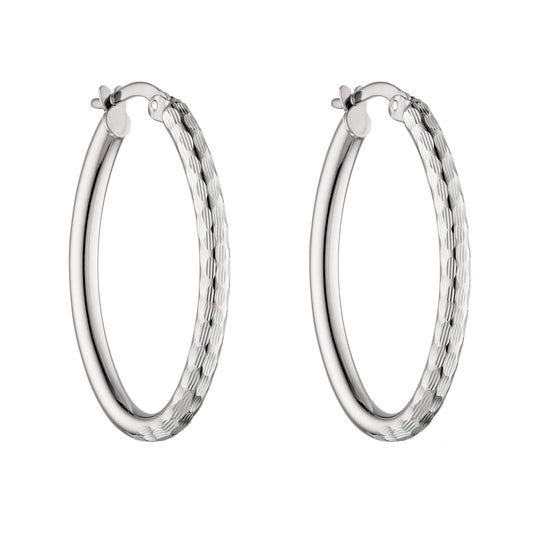 Double Textured Hoop Earrings in White Gold