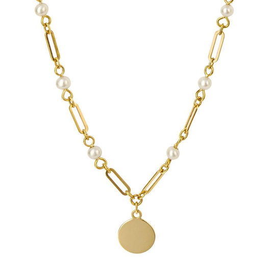 Pearl Station Necklace With Disc In 9ct Yellow GoldPearl Station Necklace With Disc In 9ct Yellow Gold