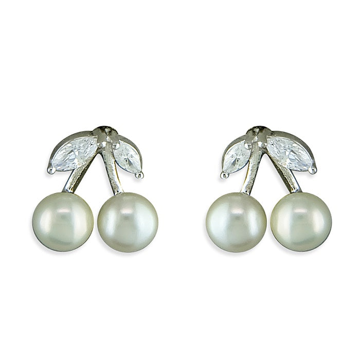 Sterling Silver Cherry Studs with Pearl and CZ