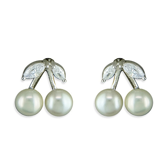 Sterling Silver Cherry Studs with Pearl and CZ