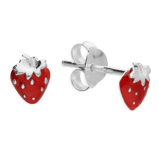 SILVER Small Red Enamelled Strawberry Studs