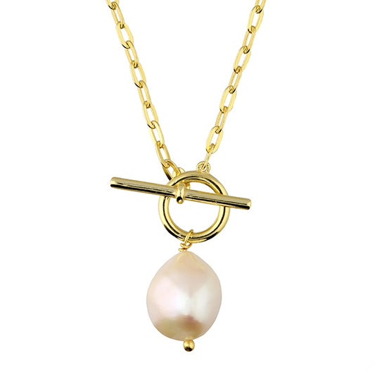 Freshwater pearl on gold-plated T-bar chain