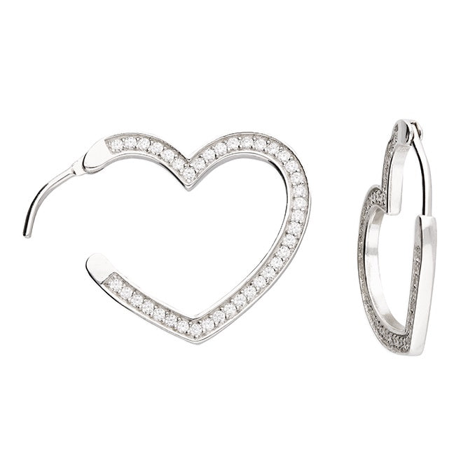 Heart shaped silver hoops with Cz stones