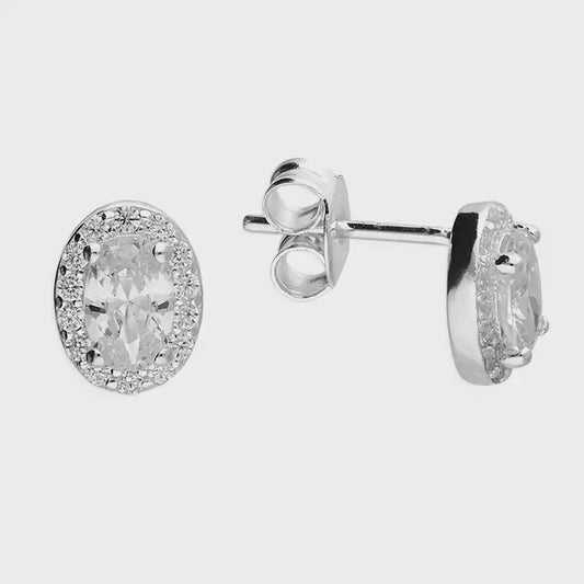 Sterling Silver Earring Oval halo cubic zirconia stud