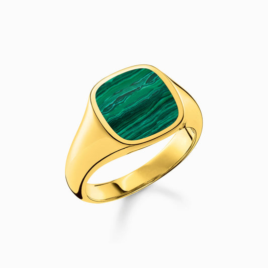 18 Gold plated signet ring with imitation malachite