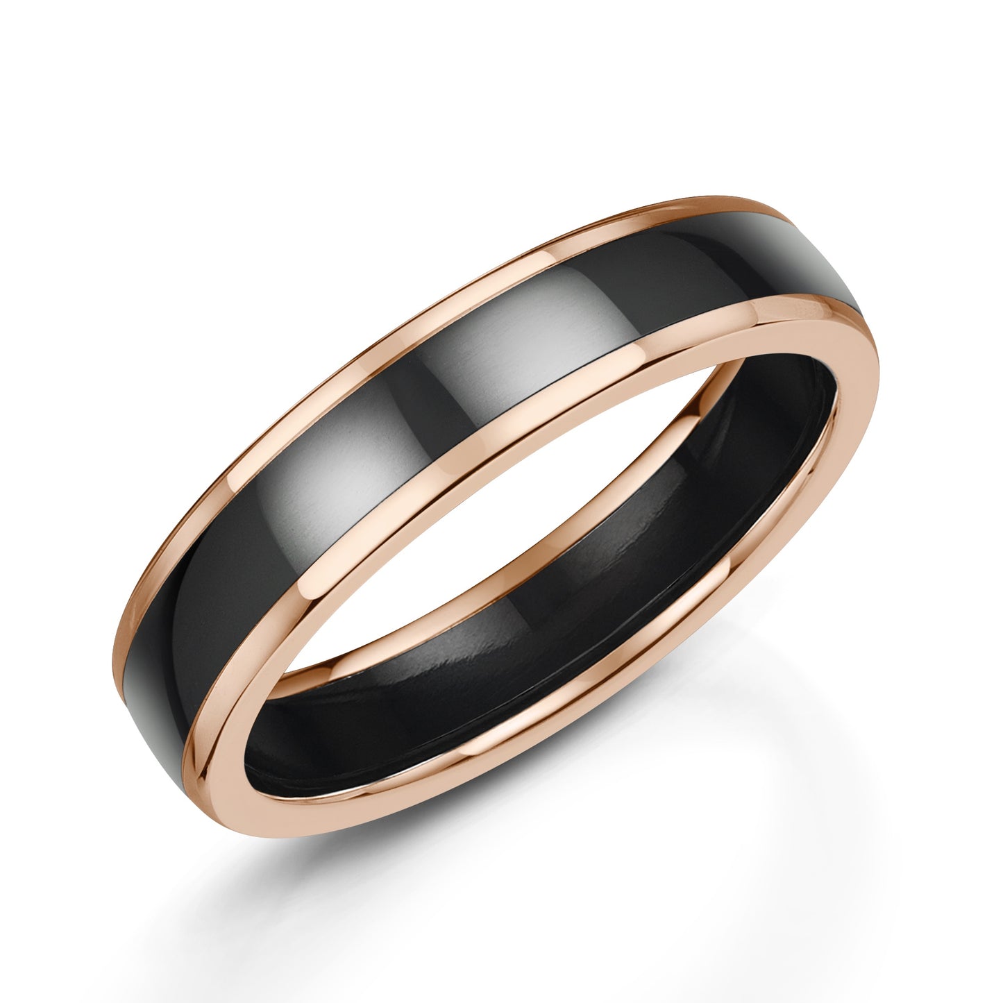 Zedd ring Black Zirconium 5mm ring with 9ct Rose Gold edging