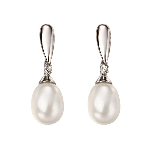 Freshwater Pearl Drop Earrings With Diamonds In White Gold