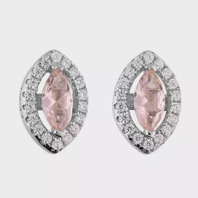 Sterling Silver Earring Synthetic morganite in cubic zirconia marquis halo stud