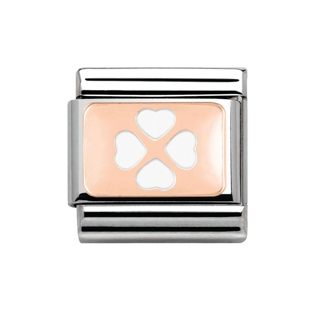 Composable Classic PLATES in stainless steel with 9k rose gold and enamel (07_White Four-Leaf Clover)