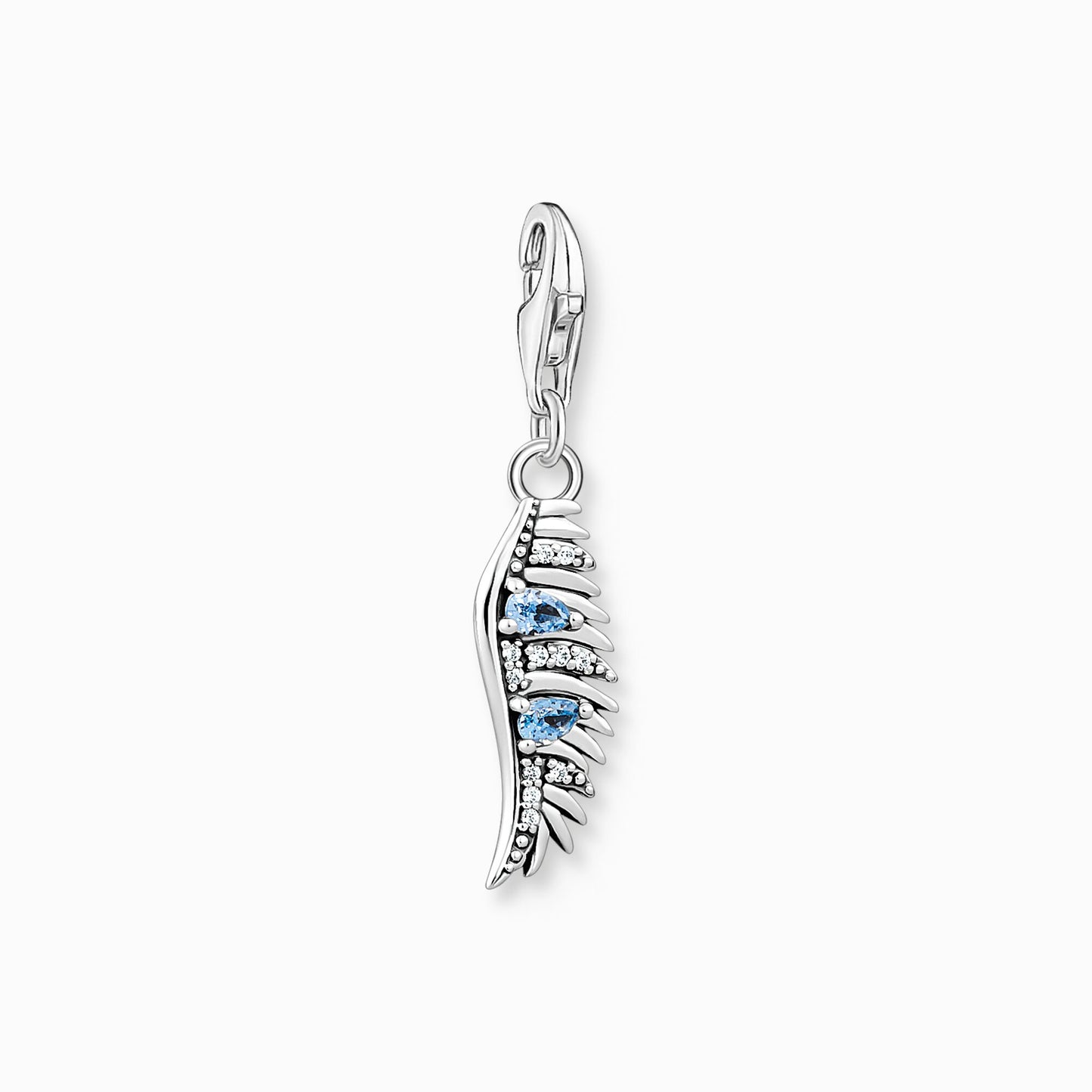 Charm pendant phoenix feather with blue stones silver