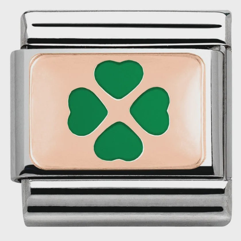 Composable Classic PLATES in stainless steel with 9k rose gold and enamel (08_Green Four-Leaf Clover)