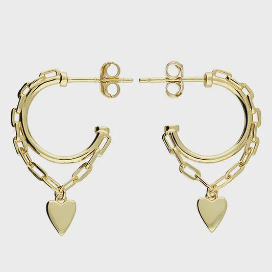 Sterling silver 18k Gold plated heart chain hoops